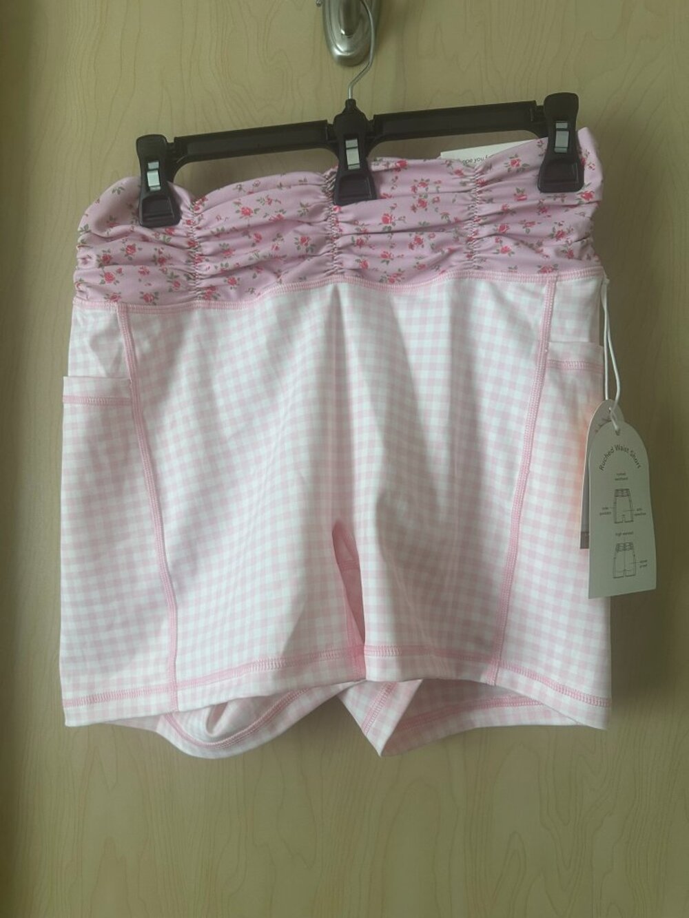 Blogilates Ruched Waist Shorts Pink Gingham Floral